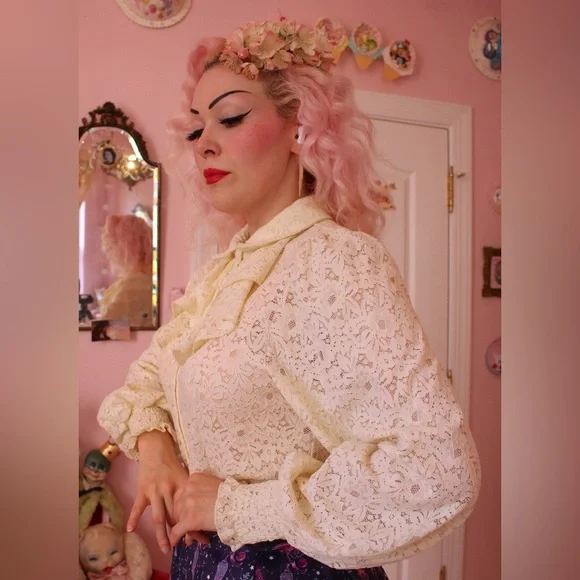 Smak Parlour Vintage Lace Ruffle Blouse sz L - Picture 2 of 6